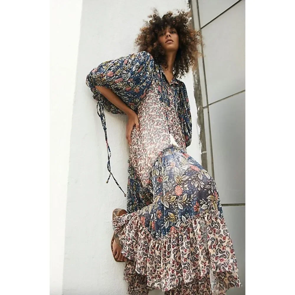 New Free People Estelle Chiffon Button Front Printed Maxi Dress sz xs - Picture 1 of 6